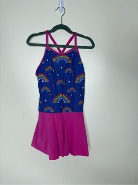 Lands End girls rainbow print skirted one piece swimsuit swim dress 16